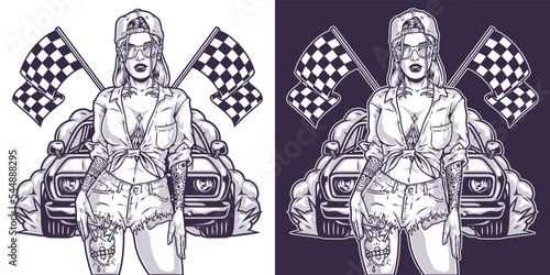 Girl car racer monochrome emblem