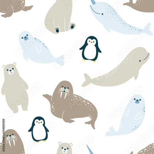 Vector seamless pattern with cute winter arctic animals - polar bear, penguin, fur seal, walrus, narwhal, beluga on a white background