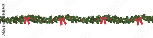 Festive Christmas holly leaves and berries with a red bow seamless border pattern. Isolated on white background. Holiday decoration design. Vector illustration.