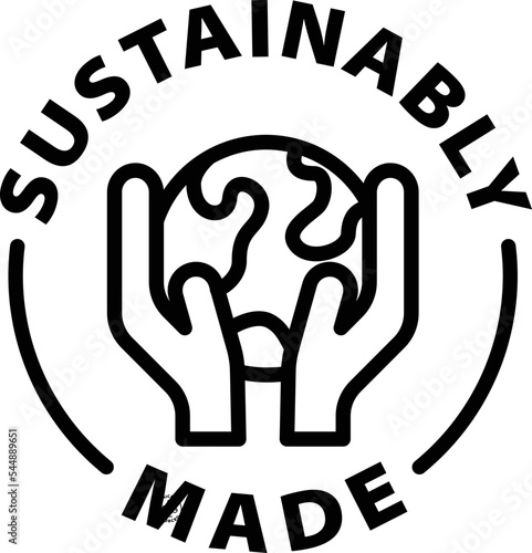 Sustainably made icon. Black outline rounded isolated product label icon tag stamp vector on transparent background