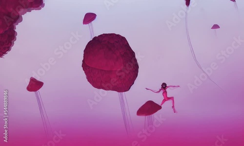 Animation Generative AI of dancing girls in space suits surounded by flowers, female robot retro sci fi drawing with woman face and bionic body. Digital image pink cyborgs photo