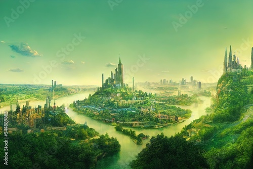 Emerald City with yellow brick road and bridge across the river photo