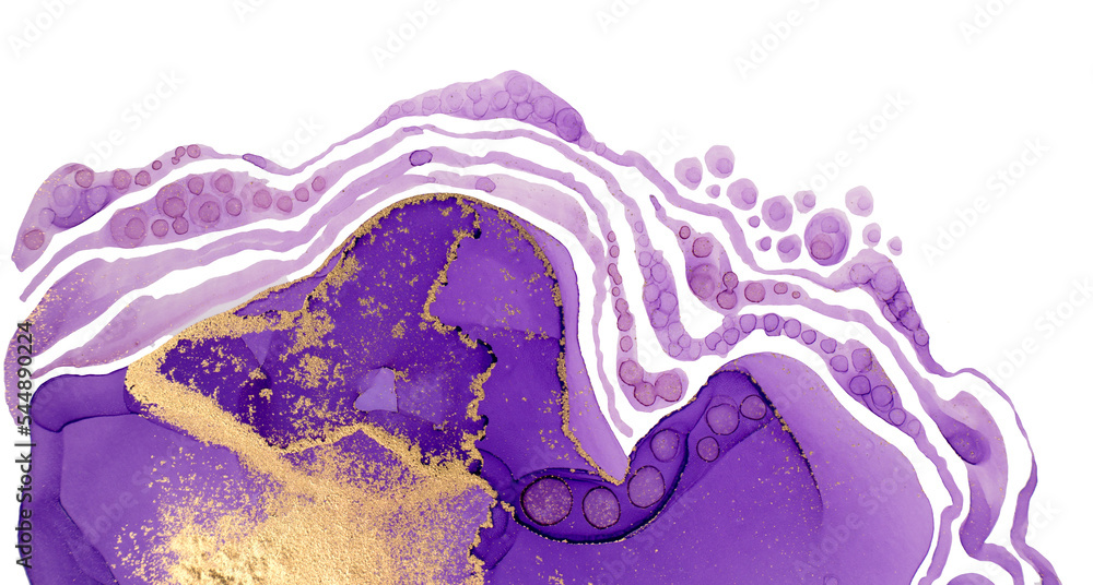 Fototapeta premium Violet and Gold Ink Flows Artwork Design Template with Copyspace