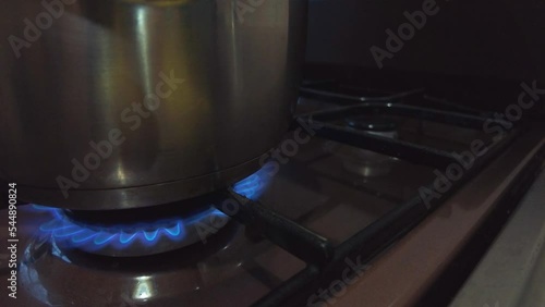 blue natural gas burns gas stove on all burners ecology energy crisis concept. High quality 4k footage