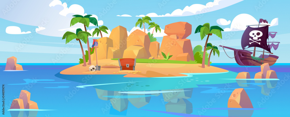 A tropical island with a secret gold hideout and a pirate ship with a black flag in the ocean. A hidden treasure chest with golden coins near a hole and a skull. Cartoon style vector illustration. A tropical island with a secret gold hideout and a pirate ship with a black flag in the ocean. A hidden treasure chest with golden coins near a hole and a skull. Cartoon style vector illustration.
