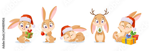 Christmas set of cute cartoon-style holiday rabbits. Fun animal character vector illustration for a poster  card  or flyer design. A rabbit with gifts and in a Santa hat. Chinese New Year symbol.