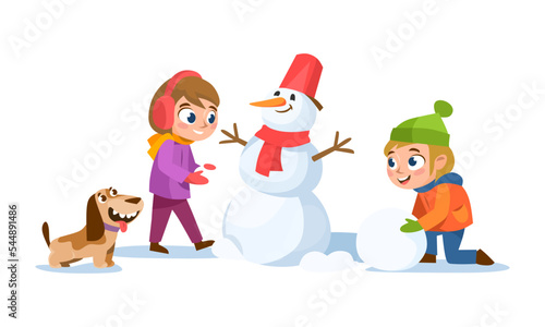 A boy and a girl with a dog making a snowman. Happy, smiling kids have fun and play outdoors with snow in winter. Cartoon-style vector illustration isolated on white background.