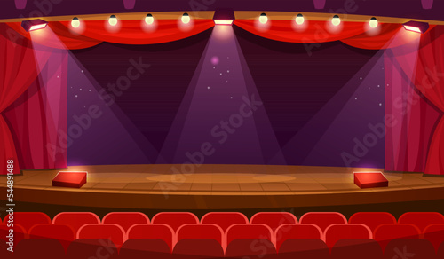 A theater stage with a spotlight, red curtains and seats. An empty concert hall ready for performance. Vintage theatre with wooden floor wide view background. Cartoon-style vector illustration.