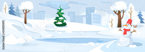 Landscape view of an empty ice rink in a city park under snow. Winter background with decorated Christmas tree and a snowman. Holidays season outside of a town. Cartoon style vector illustration.
