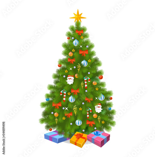 Decorated Christmas tree with a pile of presents isolated on white background. Modern and colorful decorations on spruce. New year poster, flyer, or card design. Cartoon style vector illustration.