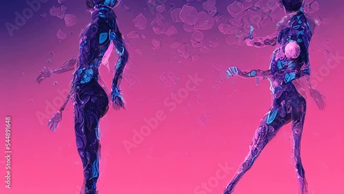 Animation Generative AI of dancing girls in space suits surounded by flowers, female robot retro sci fi drawing with woman face and bionic body. Digital image pink cyborgs photo