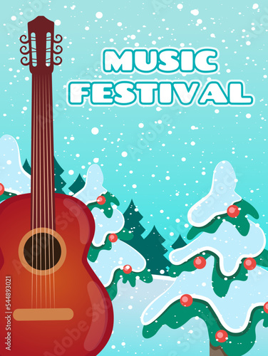 Music festival poster. Vector template for a concert poster or a flyer featuring an acoustic guitar. Winter music festival. Guitar and winter forest. Christmas music concert. 
