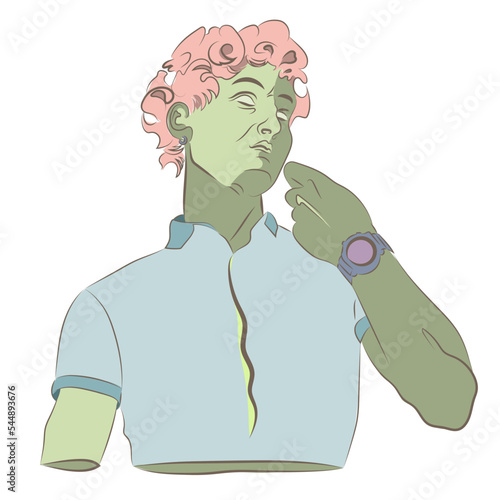 Abstract greek ancient sculpture and surreal elements. Vector hand drawn illustrations of modern statues and cosmic space elements in trendy psychedelic weird style. Pastel colors.