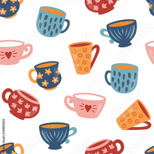 Tea or coffee cups seamless pattern. Ceramic crockery theme. Full and empty cartoon mugs with different ornaments. Vector illustration on white background. 