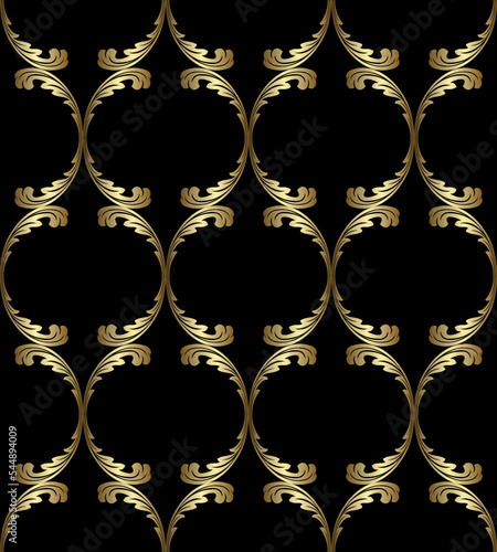 Wallpaper in the style of Baroque. Seamless vector background. Gold and black floral ornament. Graphic pattern for fabric, wallpaper, packaging. Ornate Damask flower ornament