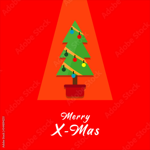 Red Flat Card Christmas Tree. Design style cartoon. on red background.