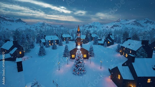 Panorama of a snow-covered, cozy town in the mountains with a Christmas tree and falling snow on the eve of Christmas and New Year holidays.