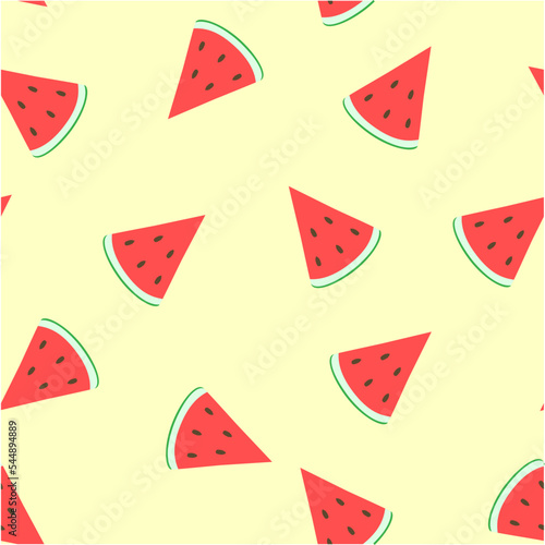 Watermelon slices on a beige background. Pattern. Vector. Pieces of watermelon