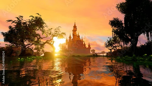 Fantasy castle at sunset