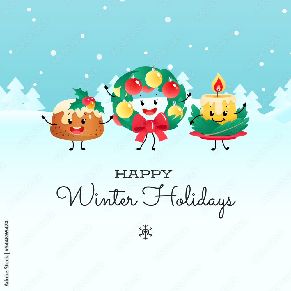 Happy Winter Holidays card template. Cute cartoon illustration of a dancing pudding, a christmas wreath and a candle on a background of a winter landscape. Vector 10 EPS. Happy Winter Holidays card template. Cute cartoon illustration of a dancing pudding, a christmas wreath and a candle on a background of a winter landscape. Vector 10 EPS.