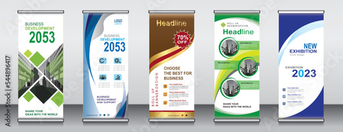 Five roll up banner template design,banner layout, advertisement, pull up, polygon background.