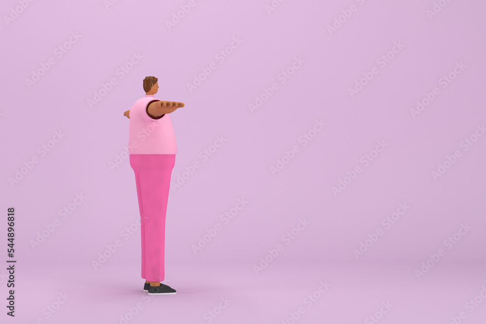 The black man with pink clothes. He is standing with arms outstretched. 3d rendering of cartoon character in acting. The black man with pink clothes. He is standing with arms outstretched. 3d rendering of cartoon character in acting.