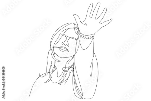 Continue line of smiling woman hallo gesture, waving hand