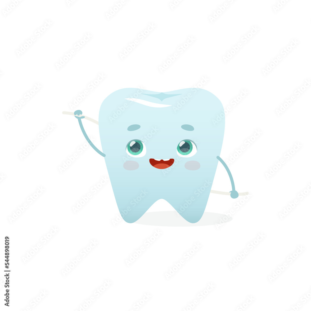 Cute tooth with dental floss. Cartoon flossing tooth mascot for kids dental clinic. Kawaii vector tooth.