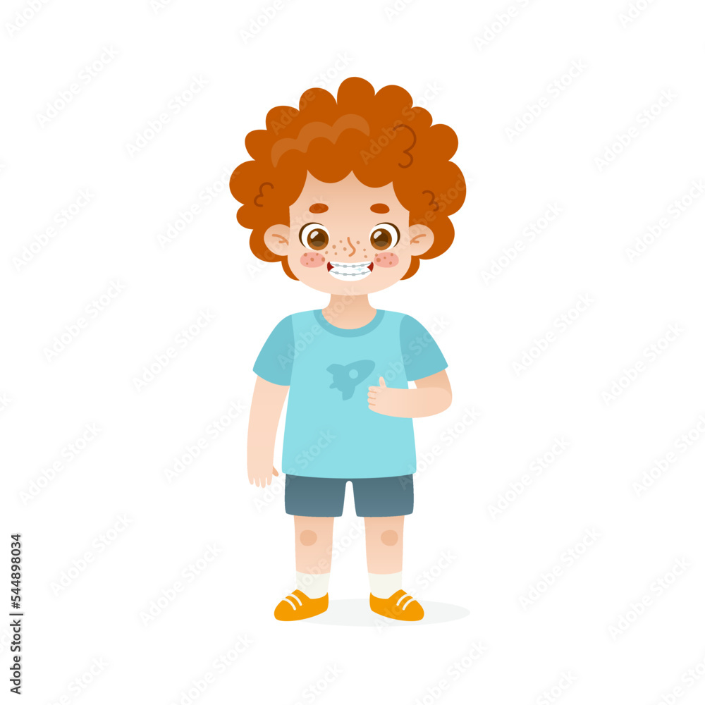 Cartoon baby boy with braces standing and wide smiling. Cute vector