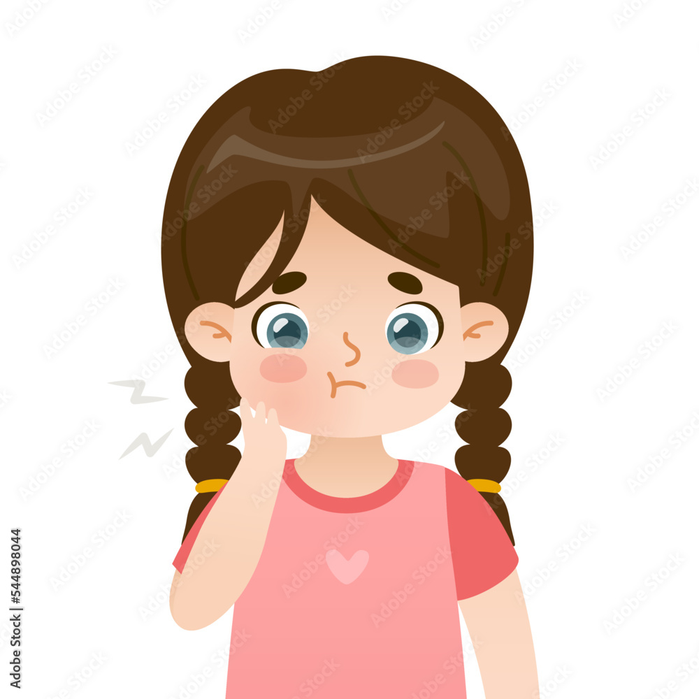 Kid with toothache and swollen cheek. Upset cartoon girl with dental pain. Close up sad child holding on to an ache tooth. Kid with toothache and swollen cheek. Upset cartoon girl with dental pain. Close up sad child holding on to an ache tooth.