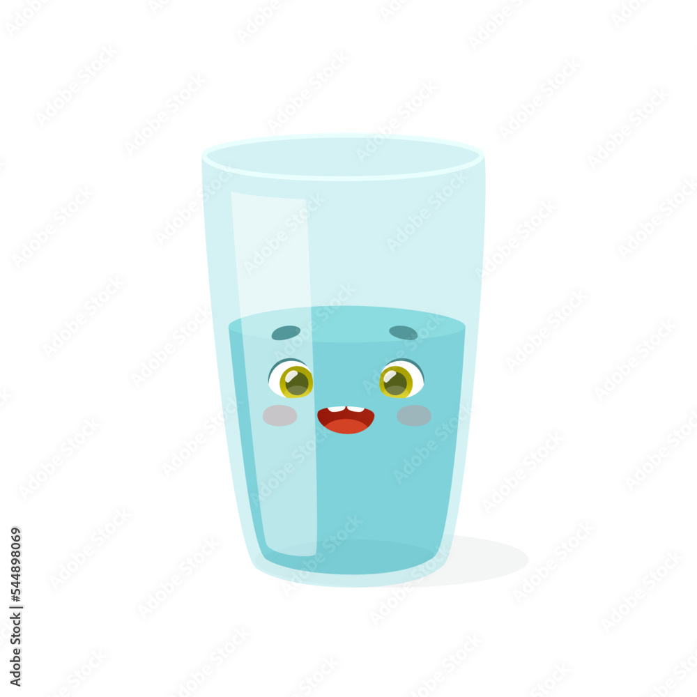 Cartoon glass of water with cute smiling face. Happy glass with water ...