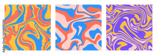 1970 swirl seamless pattern set. Wavy psychedelic trippy textures. Aesthetic curvy strips. Flowing liqiud fantasy marble background.
