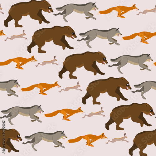 Vector seamless pattern with wild animals  running after each other. Hunting concept. Wildlife.