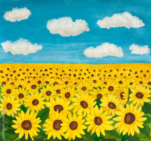 Field with sunflowers and blue sky with clouds acrylic painting on canvas