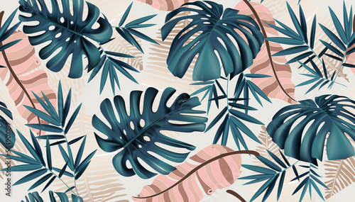 Summer exotic floral tropical palm, banana leaves in blue style. Vector seamless pattern on a pink background. Plant flower nature wallpaper