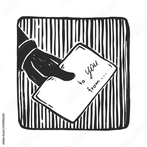 Vector hand-drawn sketch of a gloved hand with an anonymous letter. An illustration with a message from an unknown person. Detective story design.