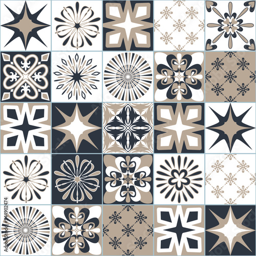 Graphite white contrast pattern on square ceramic tile, seamless pattern decorative background for Azulejo spanish portuguese interior design, modern adaptation
