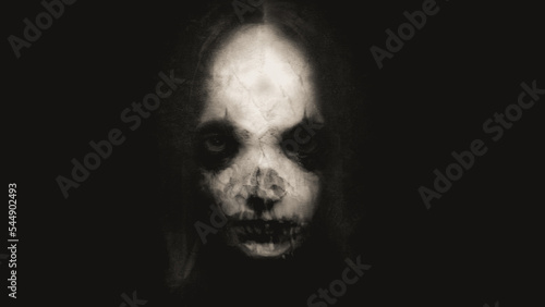 A horror concept of a scary female demon portrait. With a dead, skull edit. looking at the camera. On a dark background.