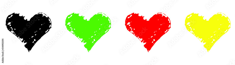 4x gemaltes Herz in schwarz, grün, rot und gelb