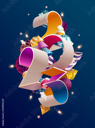 New year 2023. Bright 3D numbers with colorful Christmas decoration. Greeting card design.