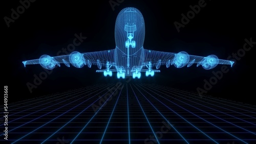 3D rendering illustration aeroplane blueprint glowing neon hologram futuristic show technology security for premium product business finance  transportation