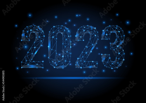 2023 wireframe Christmas and new year degital banner or calendar date vector sign. Xmas blue polygon numbers with light and sparcles. Dot and line triangle gold futuristic polygonal  design. photo