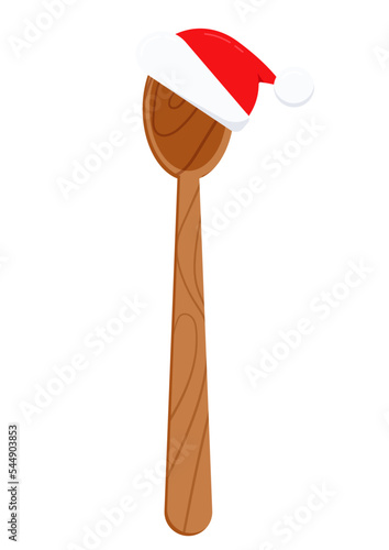 Christmas wooden big spoon with Santa hat and long handle icon isolated on white background. Cooking xmas ladle for stir top view illustration. Flat design cartoon kitchenware vector illustration.