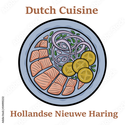 Freshly salted herring fish, traditional dutch delicacy called hollandse nieuwe on turquoise plate and white background.