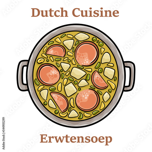 Classic Dutch pea soup erwtensoep, snert closeup in the plate on white backgrund