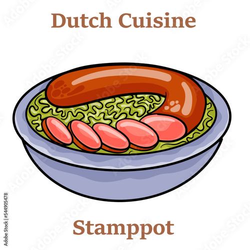 Dutch stamppot of potatoes, cabbage and carrots, with sausages closeup on a plate.