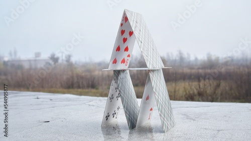 House of cards on a table outside