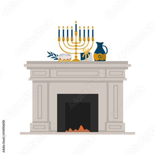 Fireplace, hanukkah icon classic home fireplaces, flat vector illustration isolated on white background. Set of stone and brick chimneys with fire in the hearth.