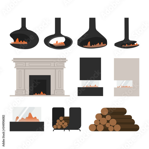 Various fireplace icons - classic and modern home fireplaces, flat vector illustration isolated on white background. Set of stone and brick chimneys with fire in the hearth.