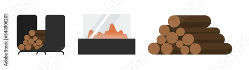 Various fireplace icons modern home fireplaces, flat vector illustration isolated on white background. Set of stone and brick chimneys with fire in the hearth.